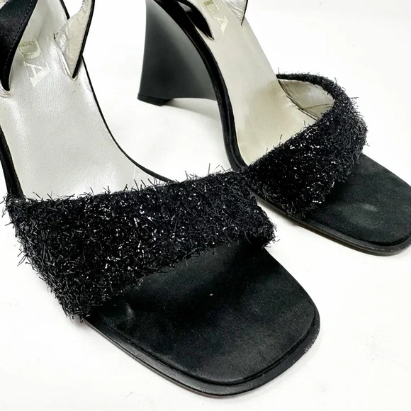 Prada Vintage Black Slingback Wedge Sandals Size 38 / US 8